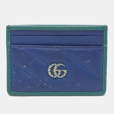 Pre-owned Gucci Torchon Gg Marmont Blue/green Matelasse Leather Card Holder