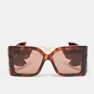 Pre-owned Gucci Tortoise Brown Gg0535s Leaf Motif Oversized Sunglasses
