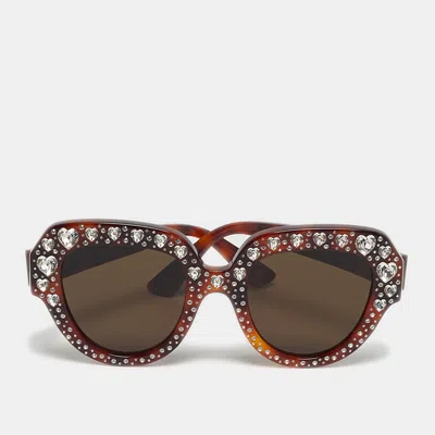 Pre-owned Gucci Tortoiseshell Brown Gg0308s Heart Crystal Square Sunglasses