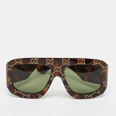 Pre-owned Gucci Tortoiseshell Brown Gg0983s Monogram Shield Sunglasses