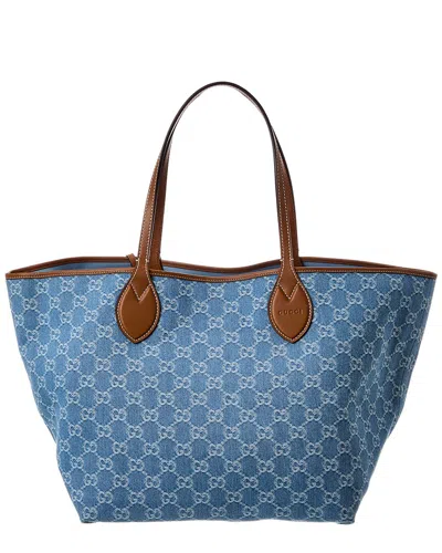 Gucci Totissima Large Gg Denim & Leather Tote In Blue