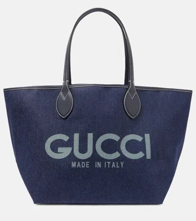 Gucci Totissima Large Logo Denim Shopper In Beig.blu Dark Blu/bl