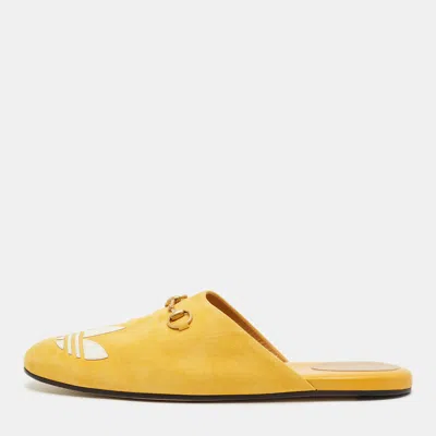 Pre-owned Gucci Trefoil Size 42 Yellow Leather And Suede Flat Mules