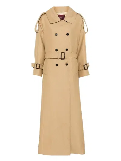 Gucci Beige Coat In Silk And Wool Gg In Brown
