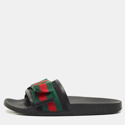 Pre-owned Gucci Tri Color Canvas And Leather Trim Sylvie Flat Slides Size 39