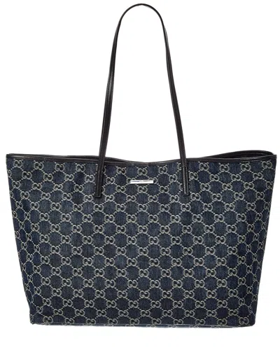 Gucci Tribeca Large Gg Denim & Leather Tote In Blue