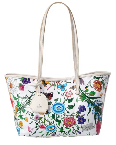 Gucci Tribeca Small Flora Canvas & Leather Tote In Blue