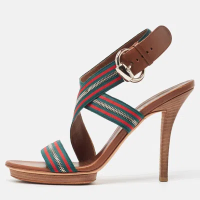 Pre-owned Gucci Tricolor Leather And Zip Web Canvas Ankle Wrap Sandals Size 39.5 In Brown