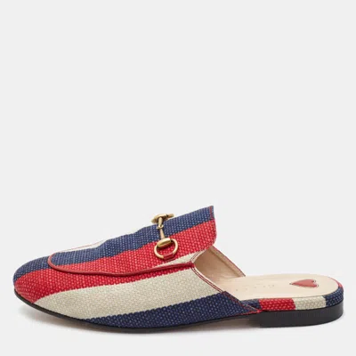 Pre-owned Gucci Tricolor Striped Canvas Princetown Flat Mules Size 38 In Blue
