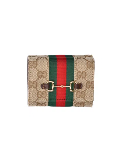 Gucci Tri-fold Wallet "horsebit Web" In Sand