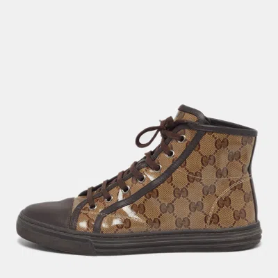 Pre-owned Gucci Trim California Size 37 Dark Brown/beige Coated Canvas And Leather High Top Sneakers