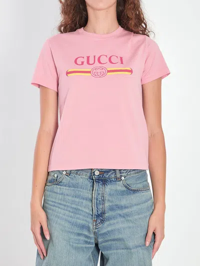 Gucci Women Pink Crewneck T-shirt With Logo Print On The Front In Cotton Woman