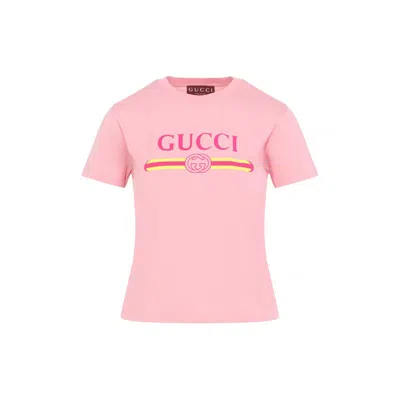Gucci Women Pink Crewneck T-shirt With Logo Print On The Front In Cotton Woman