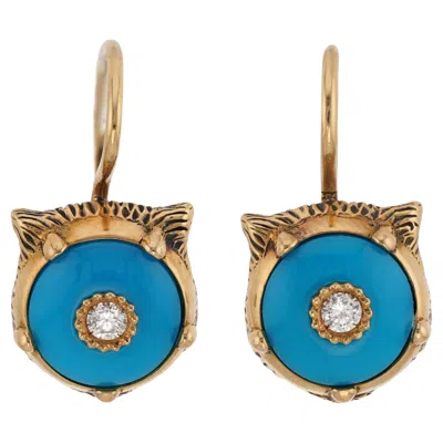 Pre-owned Gucci Turquoise Diamond Yellow Gold Le Marché Des Merveilles Feline Earrings