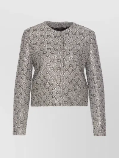 Gucci Tweed Jacket With Metallic Finish And All-over Strass In Gray