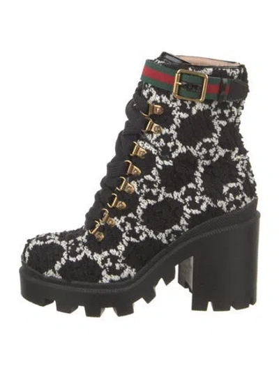 Pre-owned Gucci Tweed Pattern Combat Boots In Black