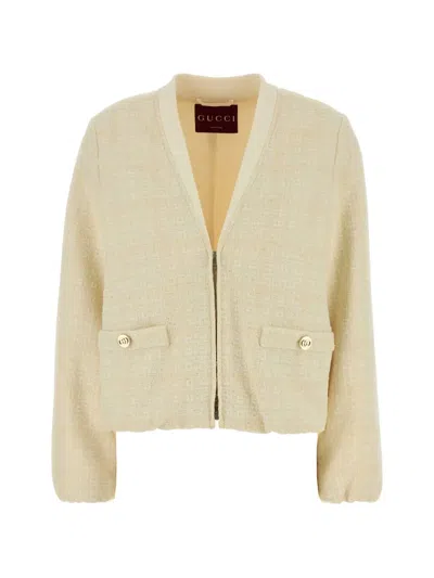 Gucci Tweed Jacket Buttoned Pockets Ribbed Trim Textured In Yellow
