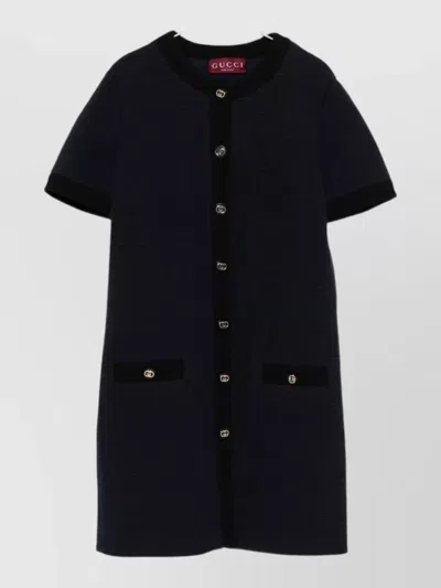 Gucci Tweed Wool Dress Round Neck Pockets In Black