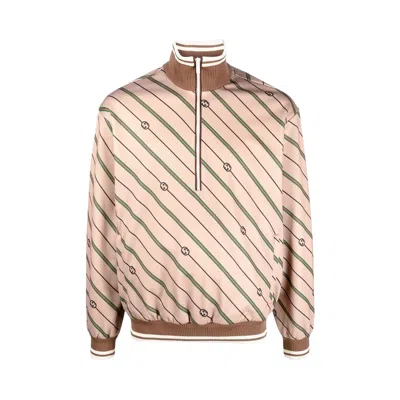 Pre-owned Gucci Twill Gg Stripe Knit Half Zip Jacket 'beige/brown' | Tan | Men's Size S