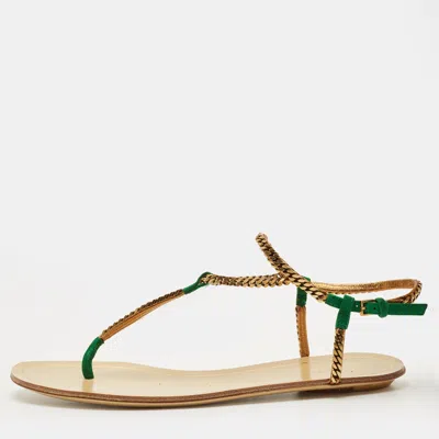 Pre-owned Gucci Two Tone Metal Chain And Suede Thong Slingbak Sandals Size 37.5 In Gold