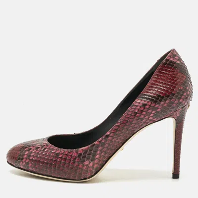 Pre-owned Gucci Two Tone Python Leather Round Toe Pumps Size 38.5 In Burgundy