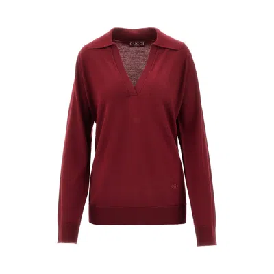 Gucci Ultrafine Wool Polo Sweater In Burgundy