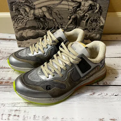 Pre-owned Gucci Ultrapace Sneakers Men's Gray Silver Leather Shoes Uk7.5(us8) With Box In Multicolor
