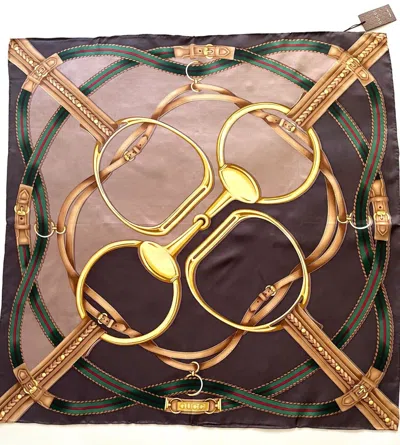 Pre-owned Gucci Unisex  Silk Wrap Logo Print Horsebit Equestrian Brown Beige Scarf