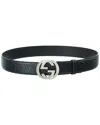 Gucci Black Belt With All-over Gg Motif And Gg Incrocio Buckle In Leather Woman In Black