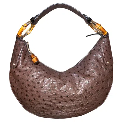 Pre-owned Gucci Unworn Brown  Ostrich Bamboo Detail Shoulder Bag - Full Set