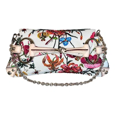 Pre-owned Gucci Unworn  Limited Edition Flora Print Beaded Embroidered Horsebit Bag Clutch In Gray