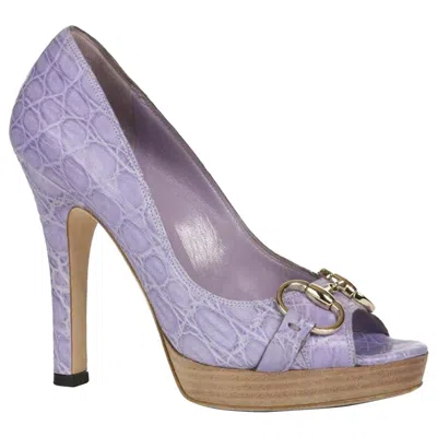 Pre-owned Gucci Unworn Lilac  Horsebit Exotic Crocodile Peep Toe High Heels Sandals 39 In Gray