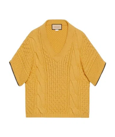 Gucci V-neck Cable-knit Wool Jumper In Yellow