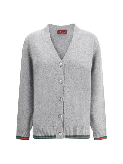 Gucci Wool And Cashmere Cardigan With Web Detail In Gray