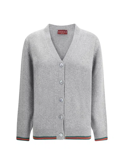 Gucci Wool And Cashmere Cardigan With Web Detail In Gray