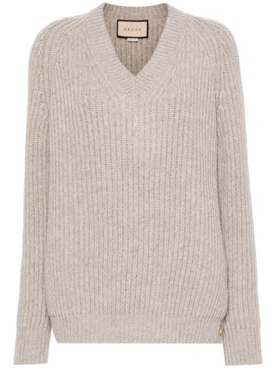 Gucci V-neck Chunky-knit Jumper In Grey