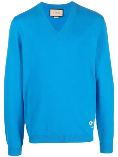 Gucci V-neck Horsebit-detail Sweater In Blau