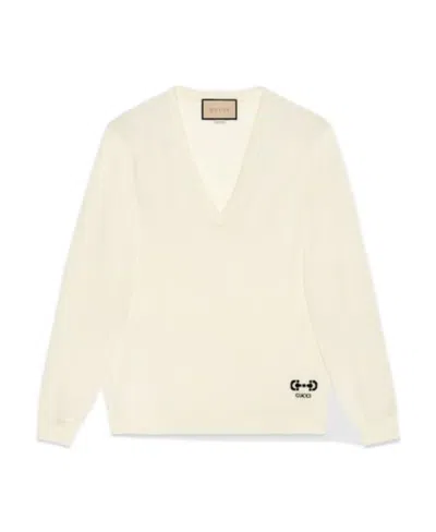 Gucci V-neck Logo Embroidered Knit Sweater