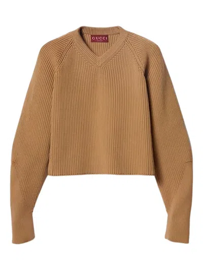 Gucci V-neck Ribbed-knit Sweater In Brown