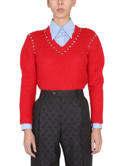 Gucci V-neck Studded Mohair Sweater In Multicolor