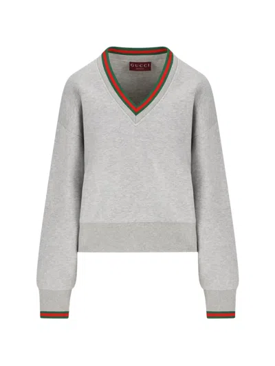 Gucci V-neck Sweatshirt With Web Trims In Gray