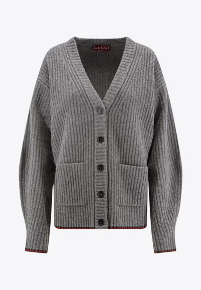 Gucci Womens Dusty Dark Grey Mc Oversized Rib Wool Knitted Cardigan Xs In Gray