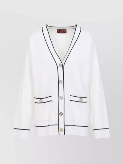 GUCCI V-NECK WOOL CARDIGAN NAVY TRIMS