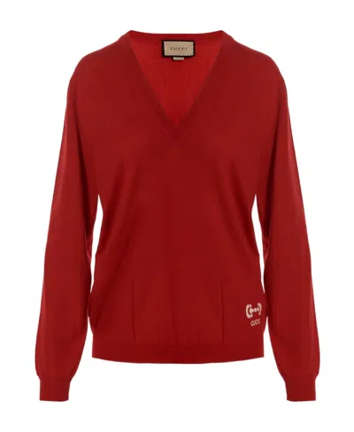 Gucci V-neck Wool Jumper In Red