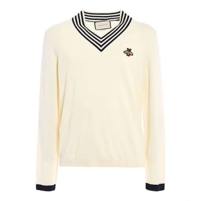 GUCCI GUCCI V-NECK WOOL KNIT WITH BEE 'WHITE'