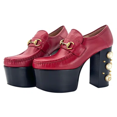Pre-owned Gucci Vegas Pearl Horsebit Platform High Block Heel Loafers 37 In Black