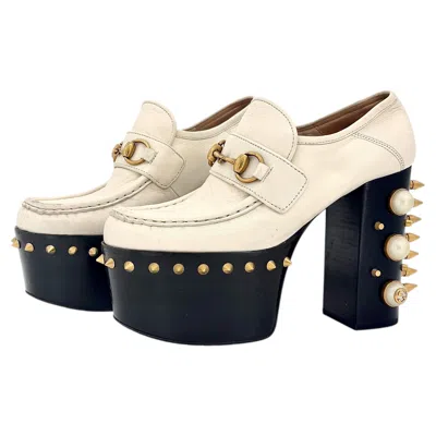 Pre-owned Gucci Vegas Spiked Pearl Horsebit Platform High Block Heel Loafers 36 In Sand