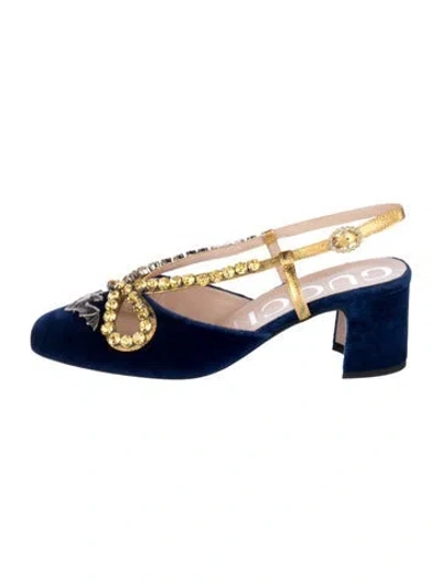 Pre-owned Gucci Velvet Crystal Embellishments Flats In Blue
