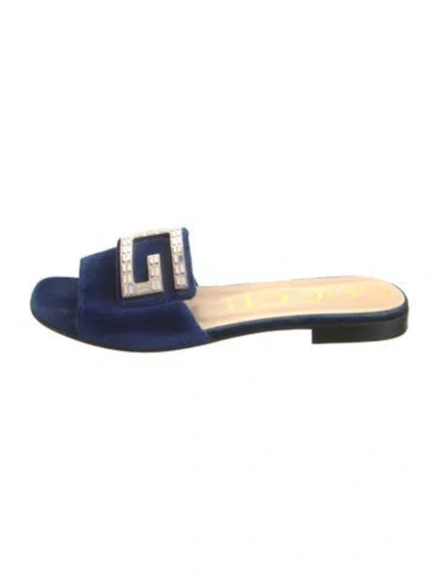 Pre-owned Gucci Velvet Crystal Embellishments Slides In Blue