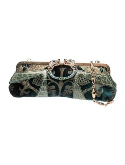 Pre-owned Gucci Velvet Dragon Clutch Vintage In Green